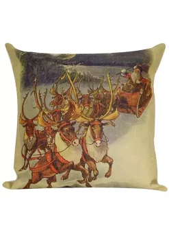 Golden Hill Studio 18” Vintage Santa Claus with Reindeer and Sleigh Decorative Christmas Throw Pillow Cover with Insert