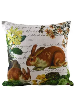 Golden Hill Studio 18" Brown Bunnies with Floral Accents and Calligraphy Background Throw Pillow Cover